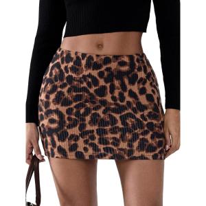 imageEXLURA Womens Leopard Print Mini Skirt High Waist Sexy Cheetah Skirts Trendy Pencil Bodycon Short Skirts Concert Outfit 2025Brown Leopard