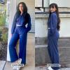imageEXLURA Womens Fall 2 Piece Outfits Long Sleeve Zip Up Crop Jackets Long Wide Leg Pant Suits Airport Travel Matching Sets 2025Dark Blue