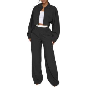 imageEXLURA Womens Fall 2 Piece Outfits Long Sleeve Zip Up Crop Jackets Long Wide Leg Pant Suits Airport Travel Matching Sets 2025Black
