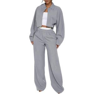 imageEXLURA Womens Fall 2 Piece Outfits Long Sleeve Zip Up Crop Jackets Long Wide Leg Pant Suits Airport Travel Matching Sets 2025Grey