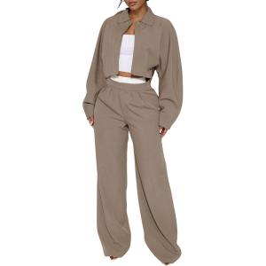 imageEXLURA Womens Fall 2 Piece Outfits Long Sleeve Zip Up Crop Jackets Long Wide Leg Pant Suits Airport Travel Matching Sets 2025Khaki
