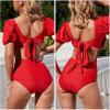 imageEXLURA Womens Tie Back One Piece Swimsuit Puff Short Sleeve Square Neck Swimwear High Cut Backless Bathing SuitRed