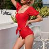 imageEXLURA Womens Tie Back One Piece Swimsuit Puff Short Sleeve Square Neck Swimwear High Cut Backless Bathing SuitRed