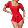 imageEXLURA Womens Tie Back One Piece Swimsuit Puff Short Sleeve Square Neck Swimwear High Cut Backless Bathing SuitRed