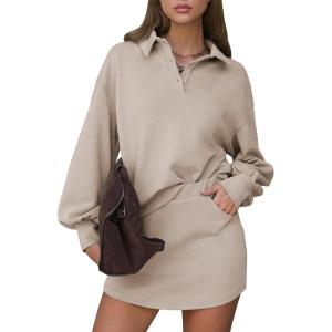 imageEXLURA Women 2 Piece Outfits Fall Airport Polo Sweatshirt Skirt Set Skort Workout Sweatsuits Matching Travel Lounge Sets 2025Beige