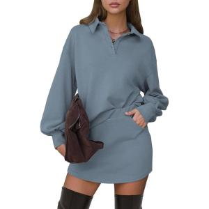 imageEXLURA Women 2 Piece Outfits Fall Airport Polo Sweatshirt Skirt Set Skort Workout Sweatsuits Matching Travel Lounge Sets 2025Grey Blue