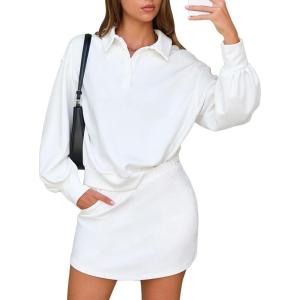 imageEXLURA Women 2 Piece Outfits Fall Airport Polo Sweatshirt Skirt Set Skort Workout Sweatsuits Matching Travel Lounge Sets 2025White