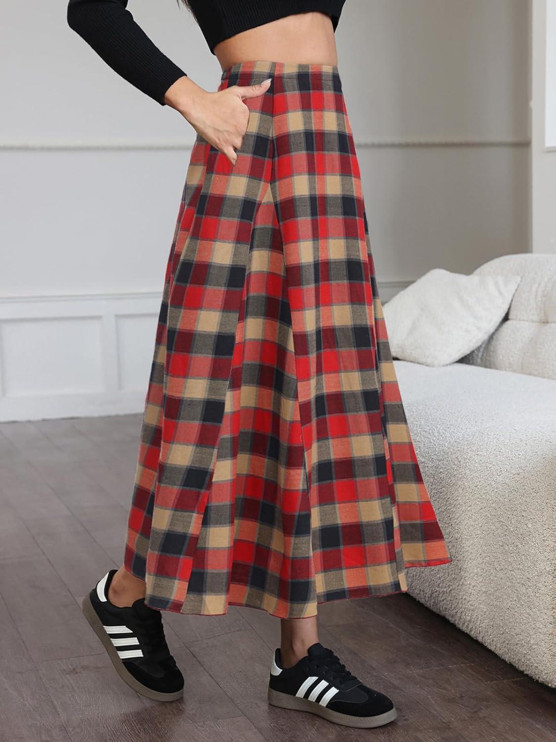 imageEXLURA Womens Flannel Plaid Long Skirts High Waist A Line Flared Pleated Maxi Skirt Dress Casual Vintage Office with PocketsBrown Red Plaid