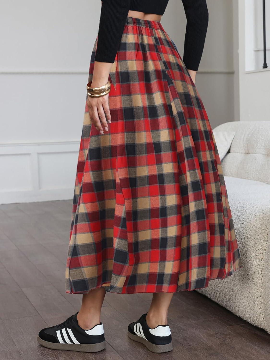 imageEXLURA Womens Flannel Plaid Long Skirts High Waist A Line Flared Pleated Maxi Skirt Dress Casual Vintage Office with PocketsBrown Red Plaid
