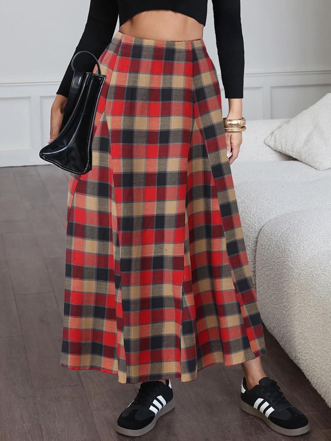 imageEXLURA Womens Flannel Plaid Long Skirts High Waist A Line Flared Pleated Maxi Skirt Dress Casual Vintage Office with PocketsBrown Red Plaid