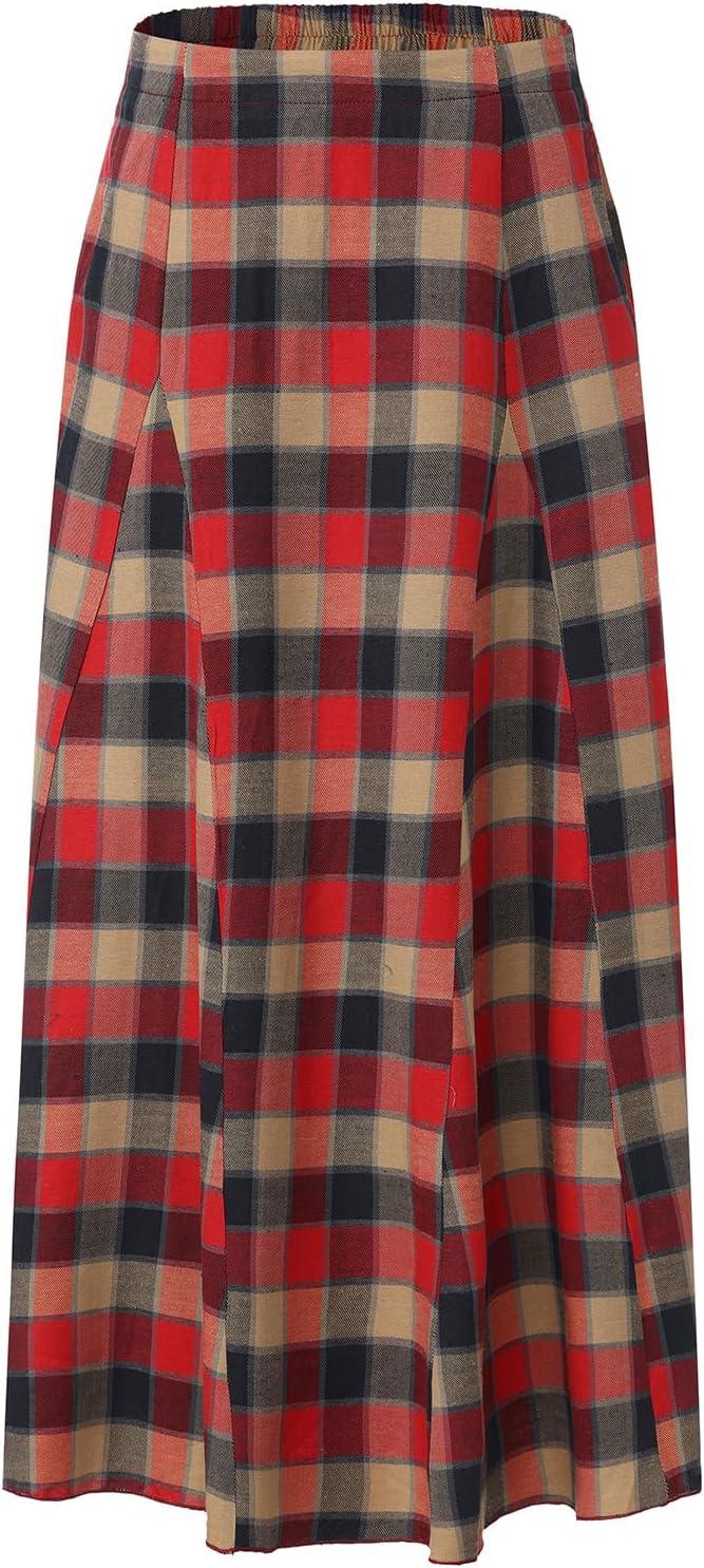 imageEXLURA Womens Flannel Plaid Long Skirts High Waist A Line Flared Pleated Maxi Skirt Dress Casual Vintage Office with PocketsBrown Red Plaid