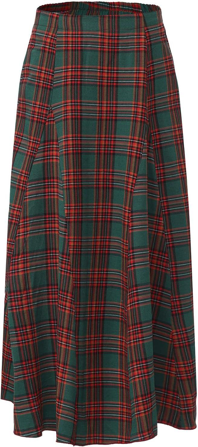 imageEXLURA Womens Flannel Plaid Long Skirts High Waist A Line Flared Pleated Maxi Skirt Dress Casual Vintage Office with PocketsGreen Red Plaid