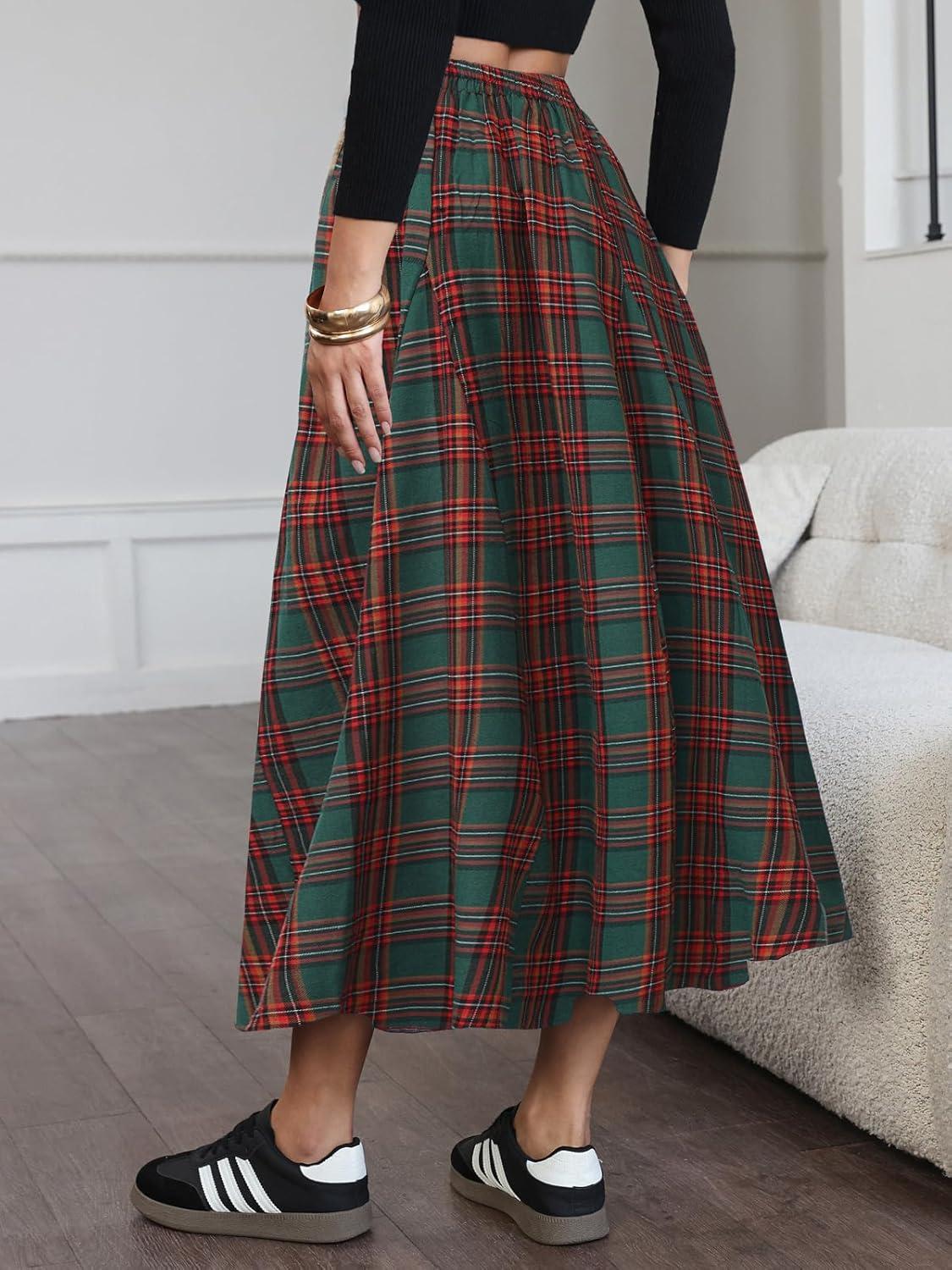 imageEXLURA Womens Flannel Plaid Long Skirts High Waist A Line Flared Pleated Maxi Skirt Dress Casual Vintage Office with PocketsGreen Red Plaid