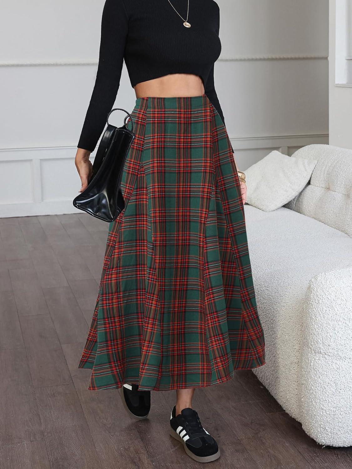 imageEXLURA Womens Flannel Plaid Long Skirts High Waist A Line Flared Pleated Maxi Skirt Dress Casual Vintage Office with PocketsGreen Red Plaid