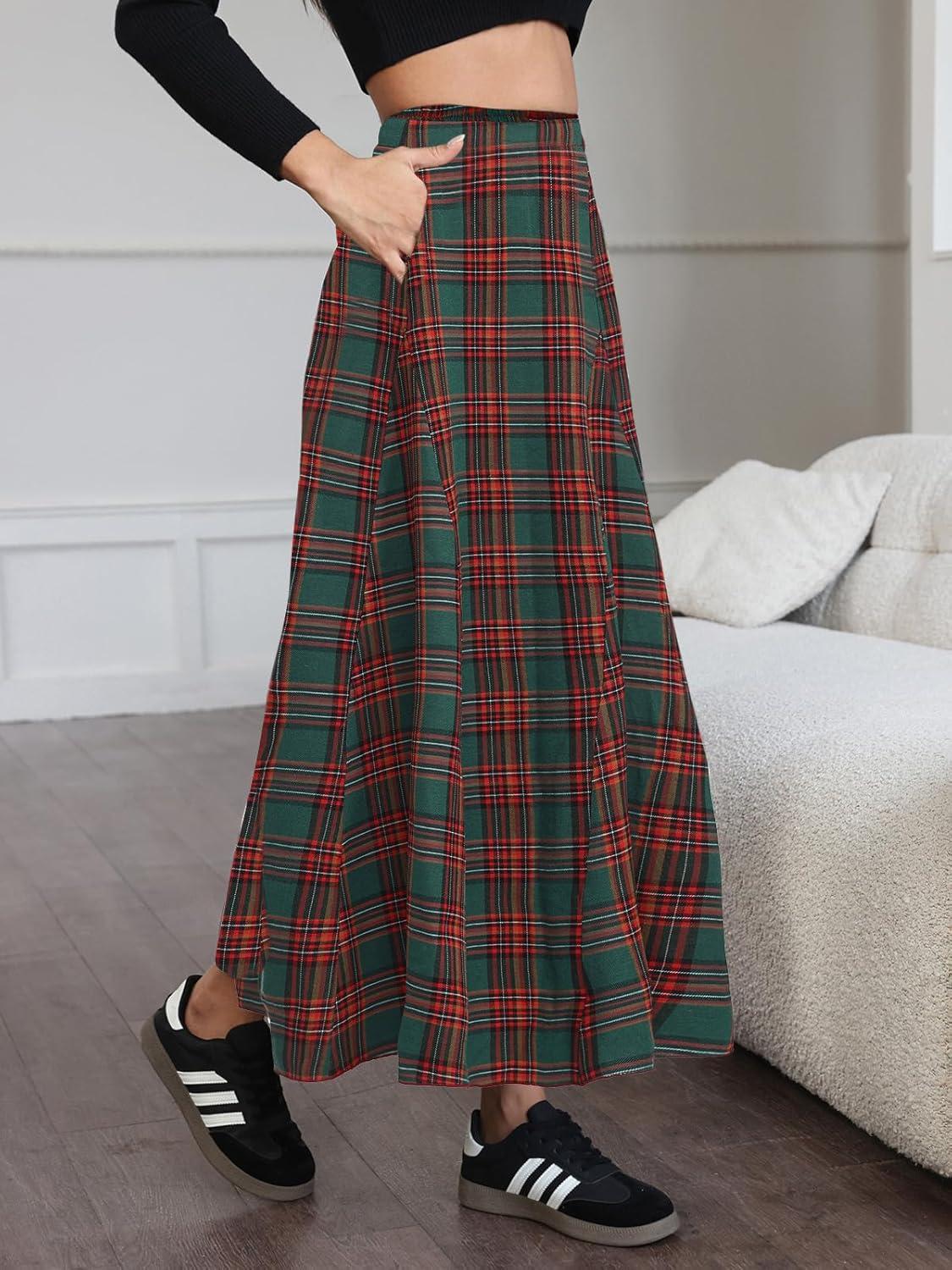 imageEXLURA Womens Flannel Plaid Long Skirts High Waist A Line Flared Pleated Maxi Skirt Dress Casual Vintage Office with PocketsGreen Red Plaid