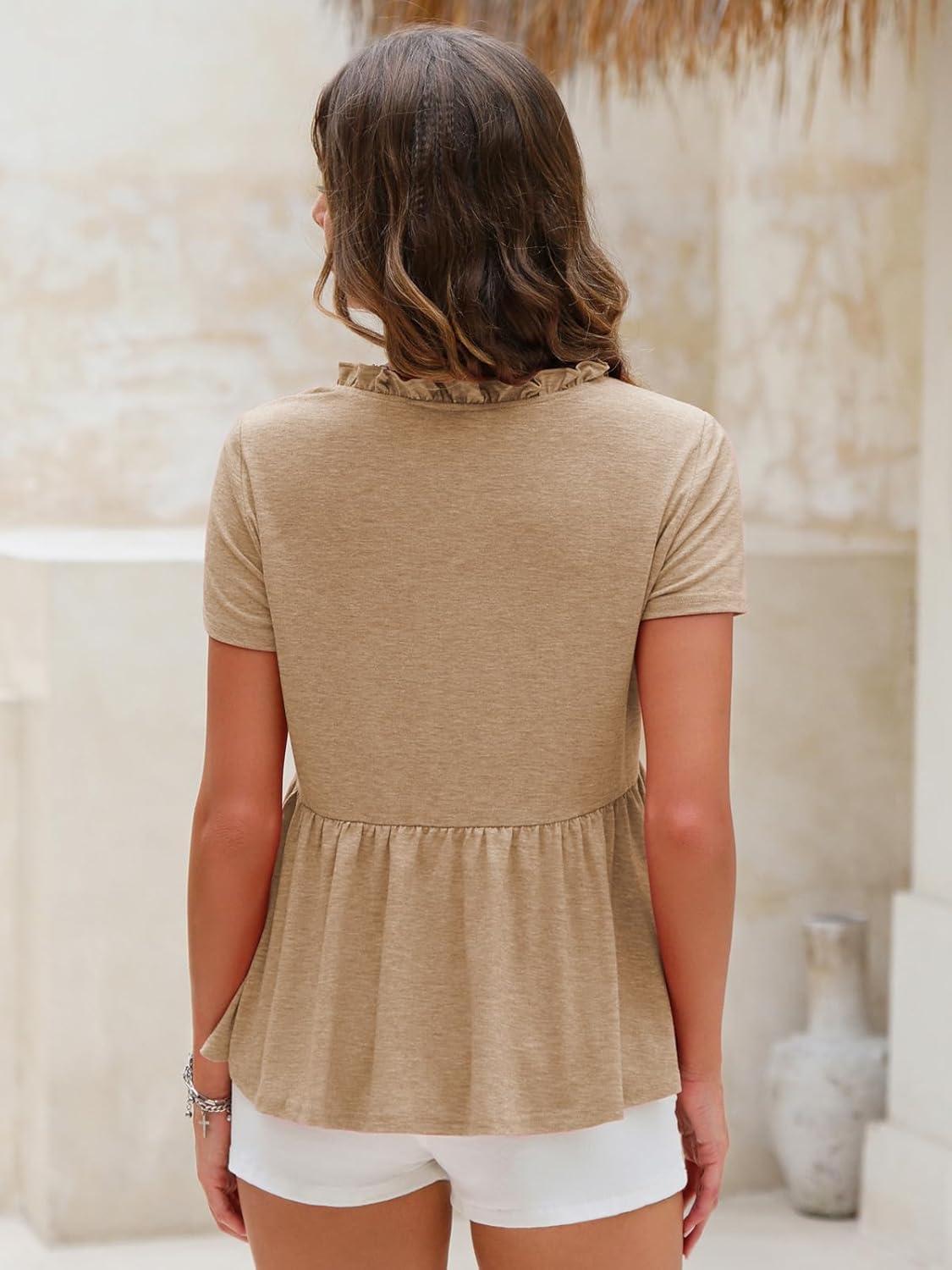 imageEXLURA Womens Summer Crop Babydoll Peplum Tops Cute V Neck Short Sleeve Business Casual Trendy T Shirts Beach Vacation 2025Apricot