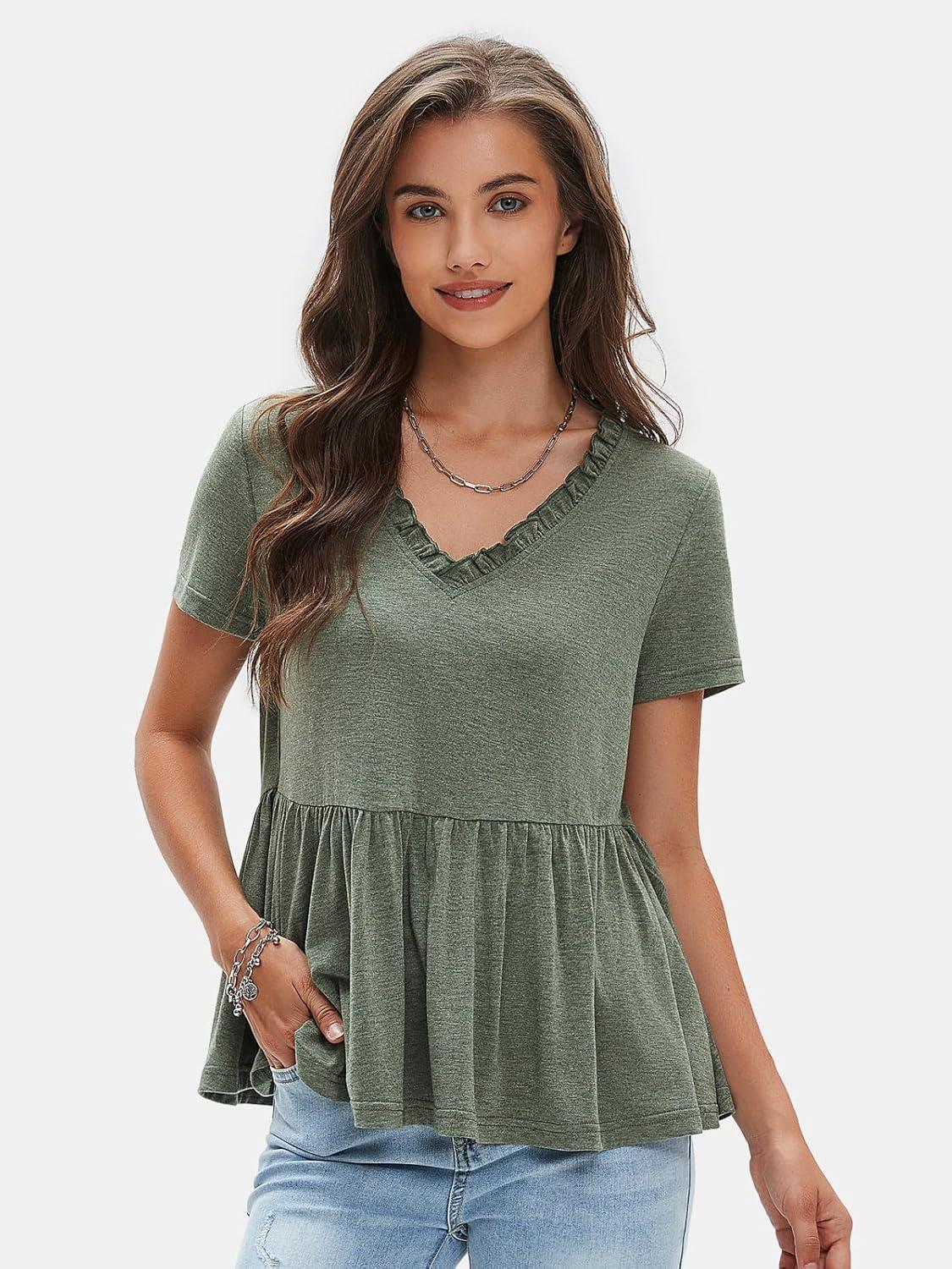 imageEXLURA Womens Summer Crop Babydoll Peplum Tops Cute V Neck Short Sleeve Business Casual Trendy T Shirts Beach Vacation 2025Army Green