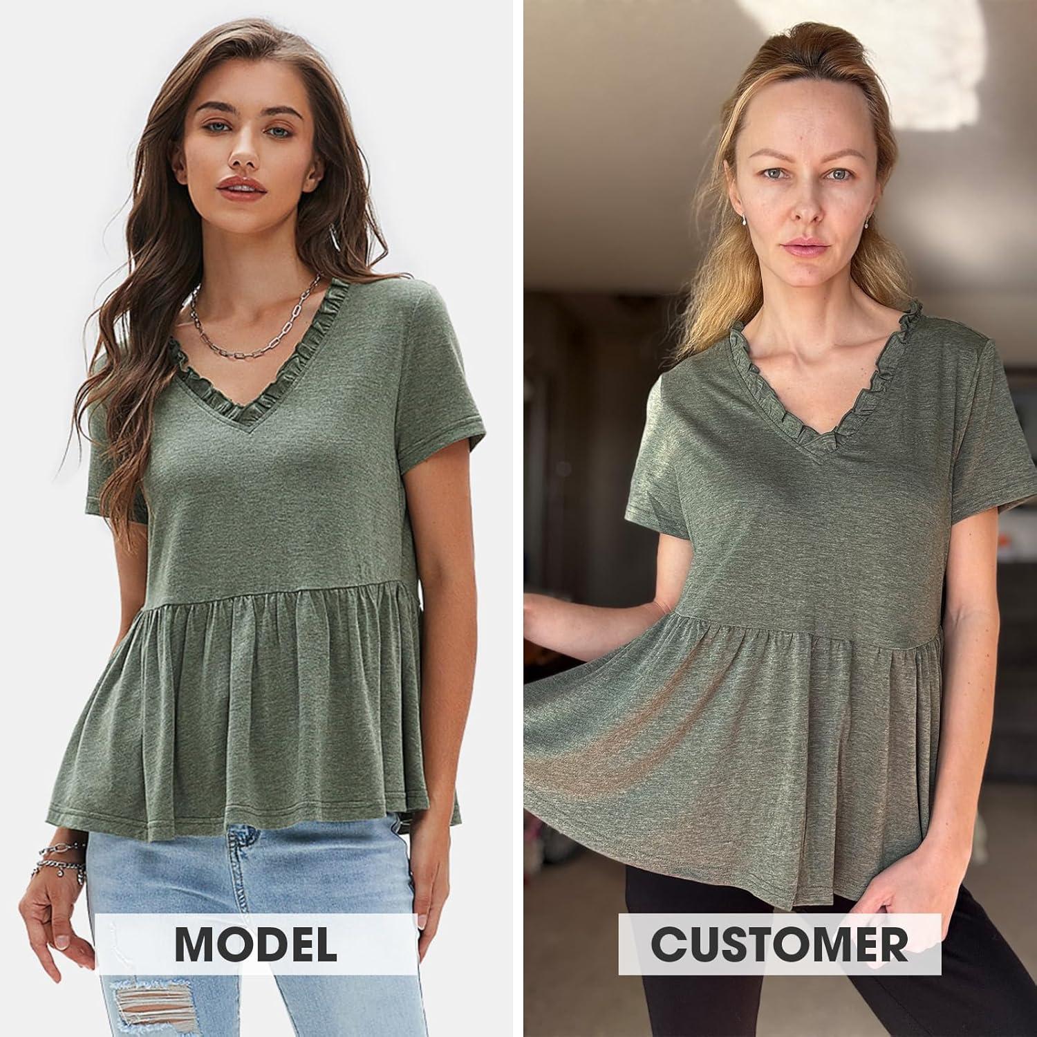 imageEXLURA Womens Summer Crop Babydoll Peplum Tops Cute V Neck Short Sleeve Business Casual Trendy T Shirts Beach Vacation 2025Army Green