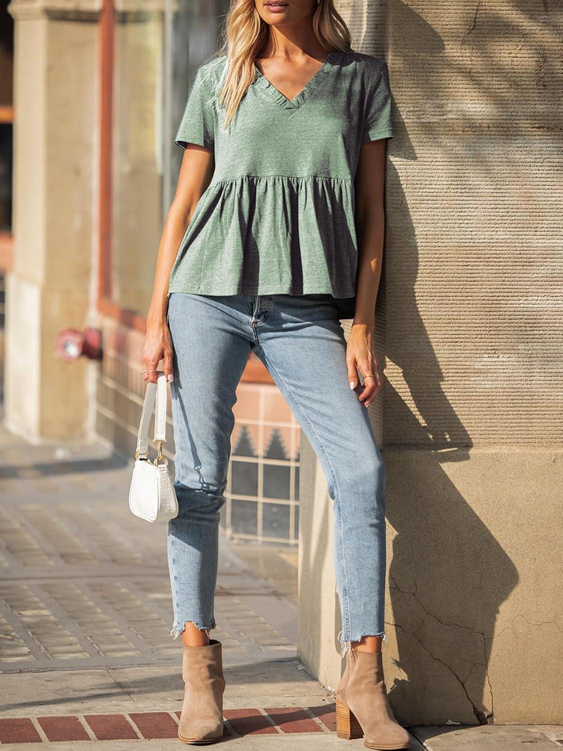 imageEXLURA Womens Summer Crop Babydoll Peplum Tops Cute V Neck Short Sleeve Business Casual Trendy T Shirts Beach Vacation 2025Army Green