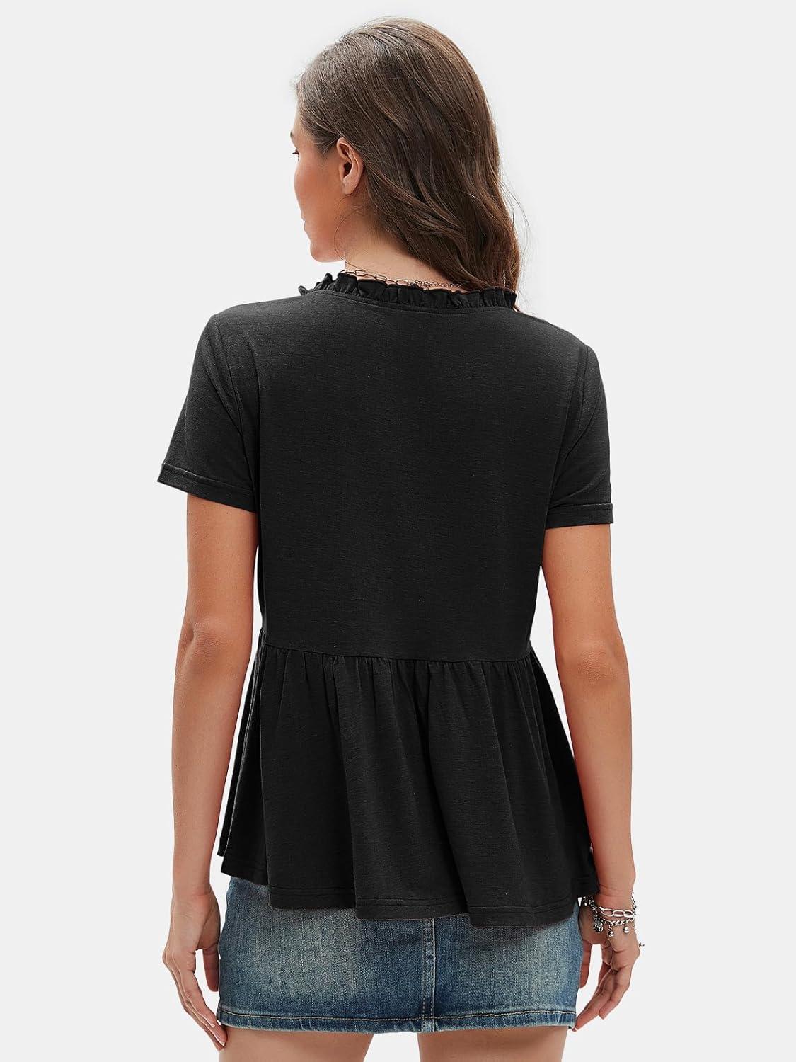 imageEXLURA Womens Summer Crop Babydoll Peplum Tops Cute V Neck Short Sleeve Business Casual Trendy T Shirts Beach Vacation 2025Black