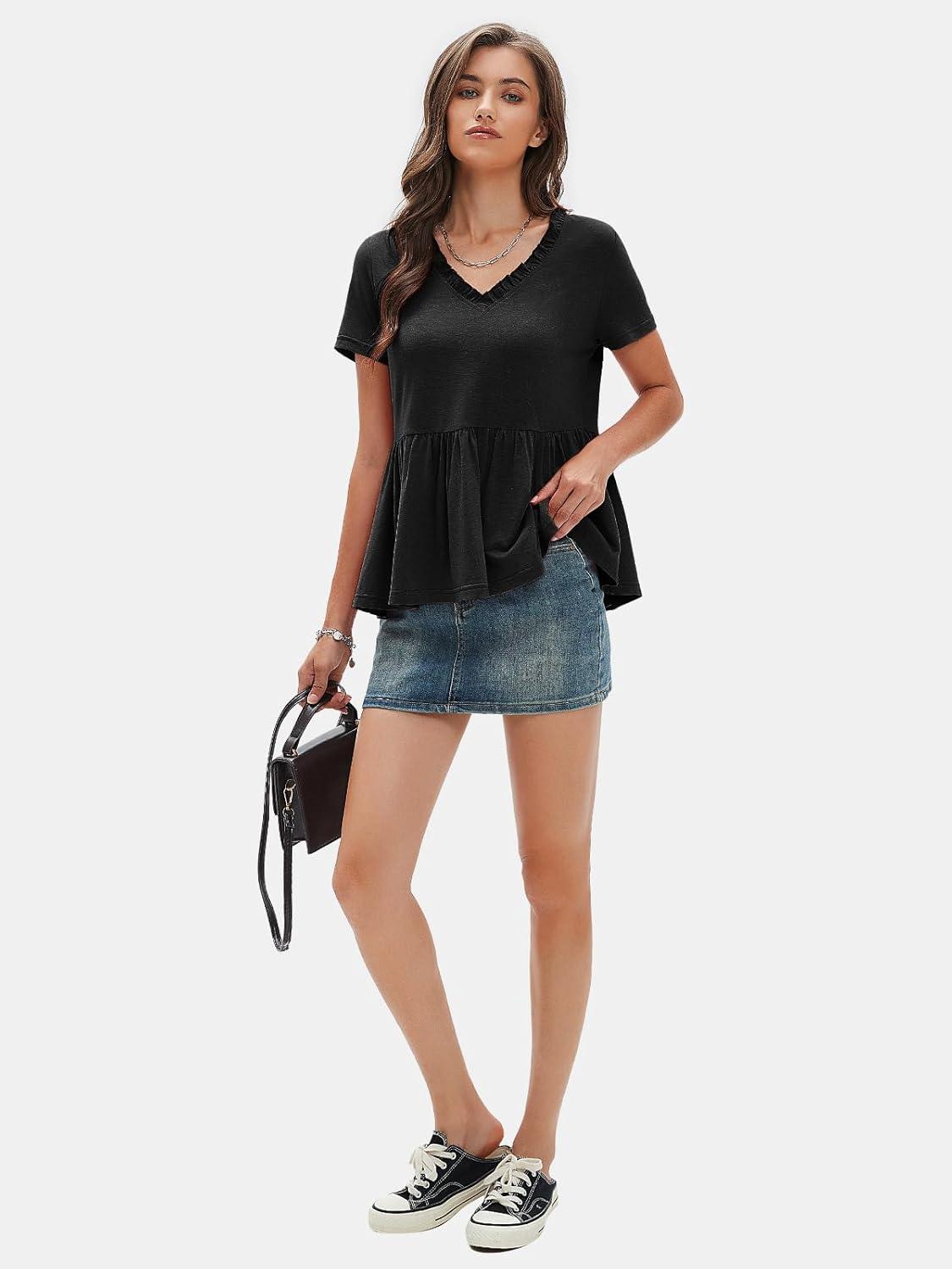 imageEXLURA Womens Summer Crop Babydoll Peplum Tops Cute V Neck Short Sleeve Business Casual Trendy T Shirts Beach Vacation 2025Black