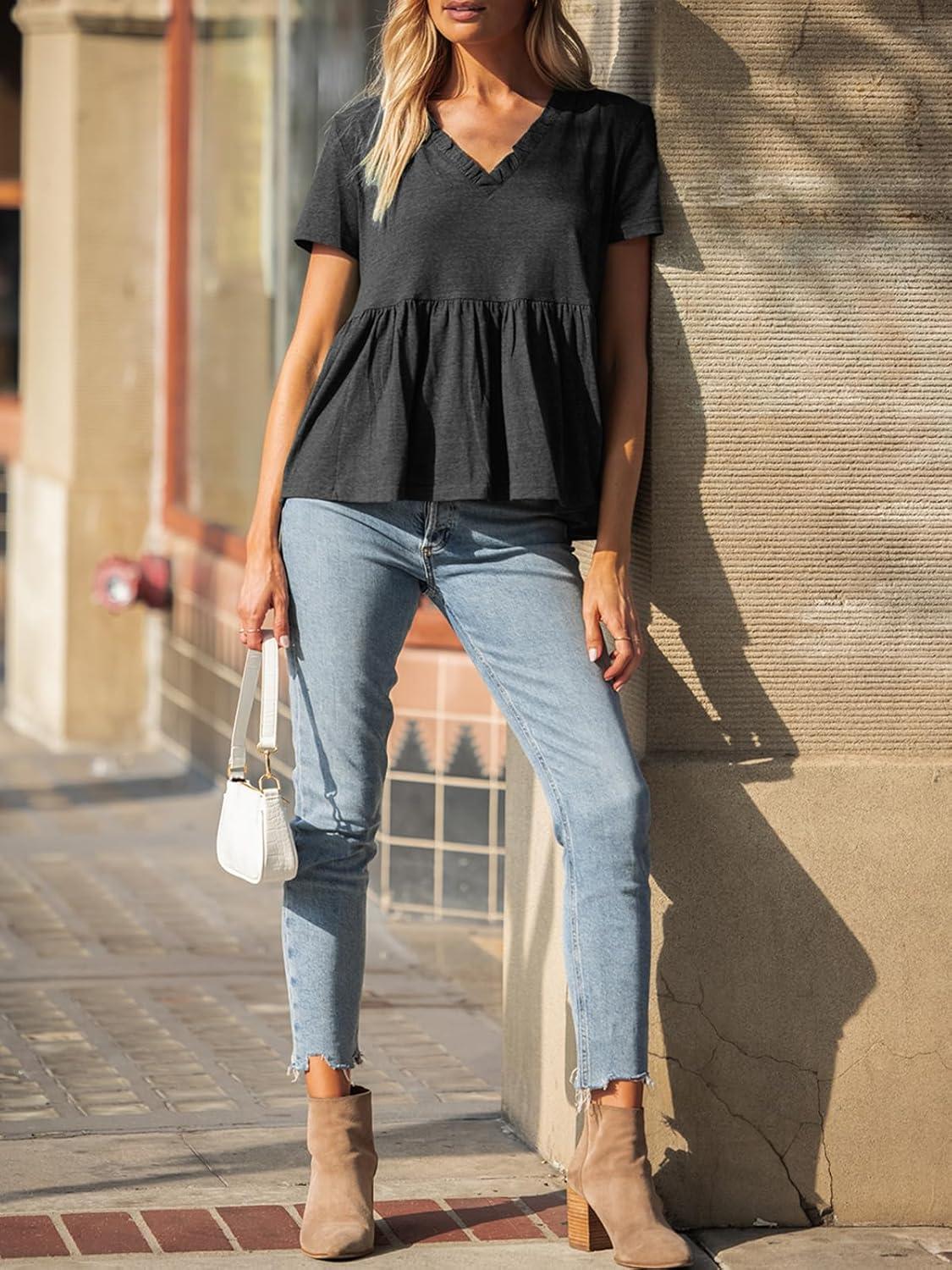 imageEXLURA Womens Summer Crop Babydoll Peplum Tops Cute V Neck Short Sleeve Business Casual Trendy T Shirts Beach Vacation 2025Black