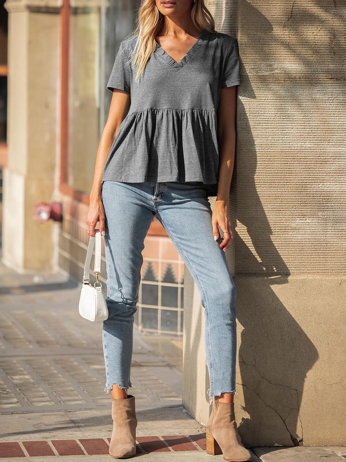 imageEXLURA Womens Summer Crop Babydoll Peplum Tops Cute V Neck Short Sleeve Business Casual Trendy T Shirts Beach Vacation 2025Grey