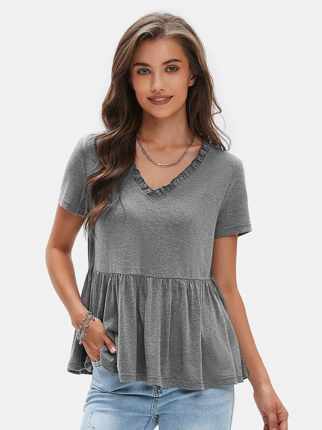 imageEXLURA Womens Summer Crop Babydoll Peplum Tops Cute V Neck Short Sleeve Business Casual Trendy T Shirts Beach Vacation 2025Grey