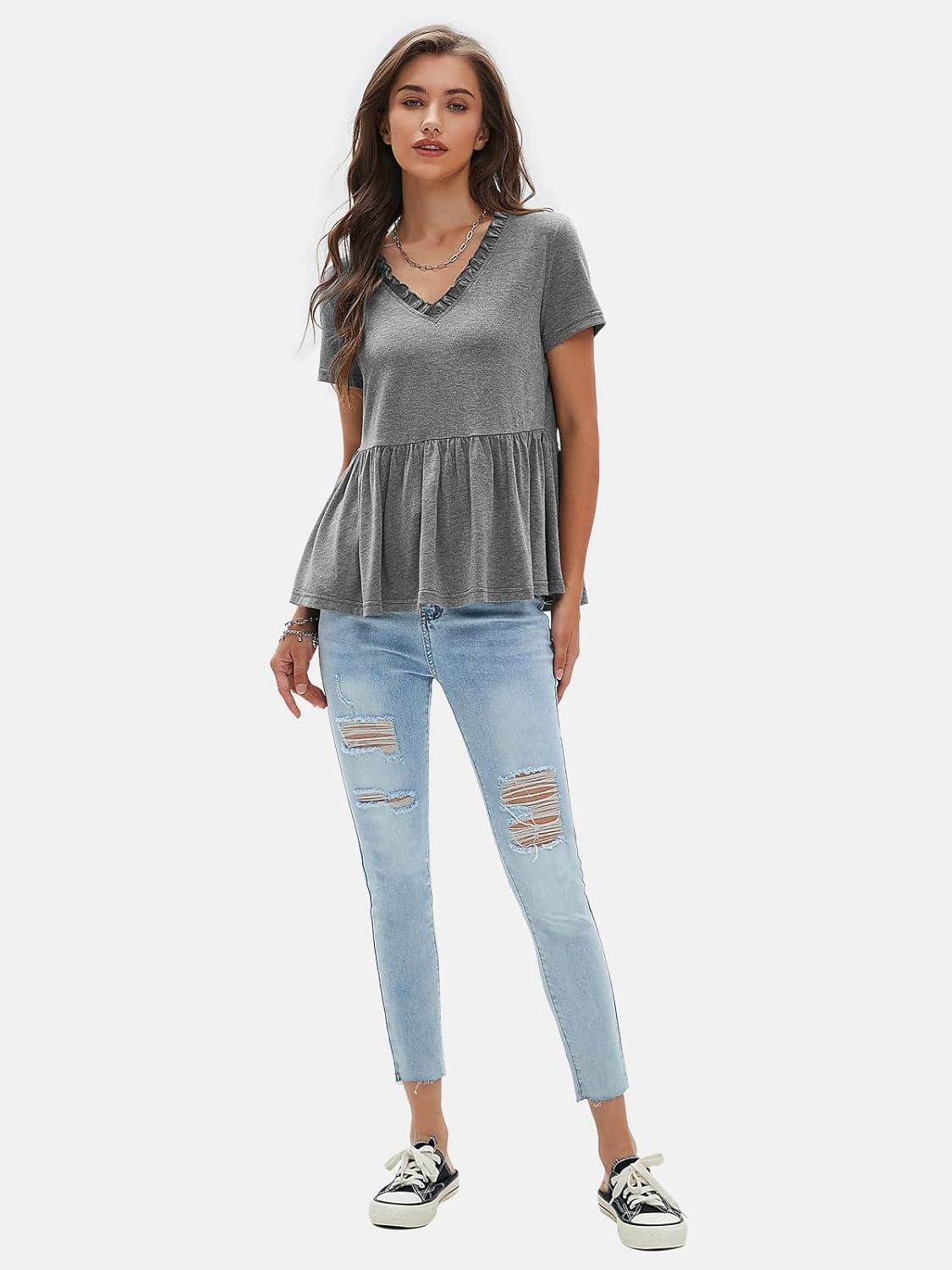imageEXLURA Womens Summer Crop Babydoll Peplum Tops Cute V Neck Short Sleeve Business Casual Trendy T Shirts Beach Vacation 2025Grey