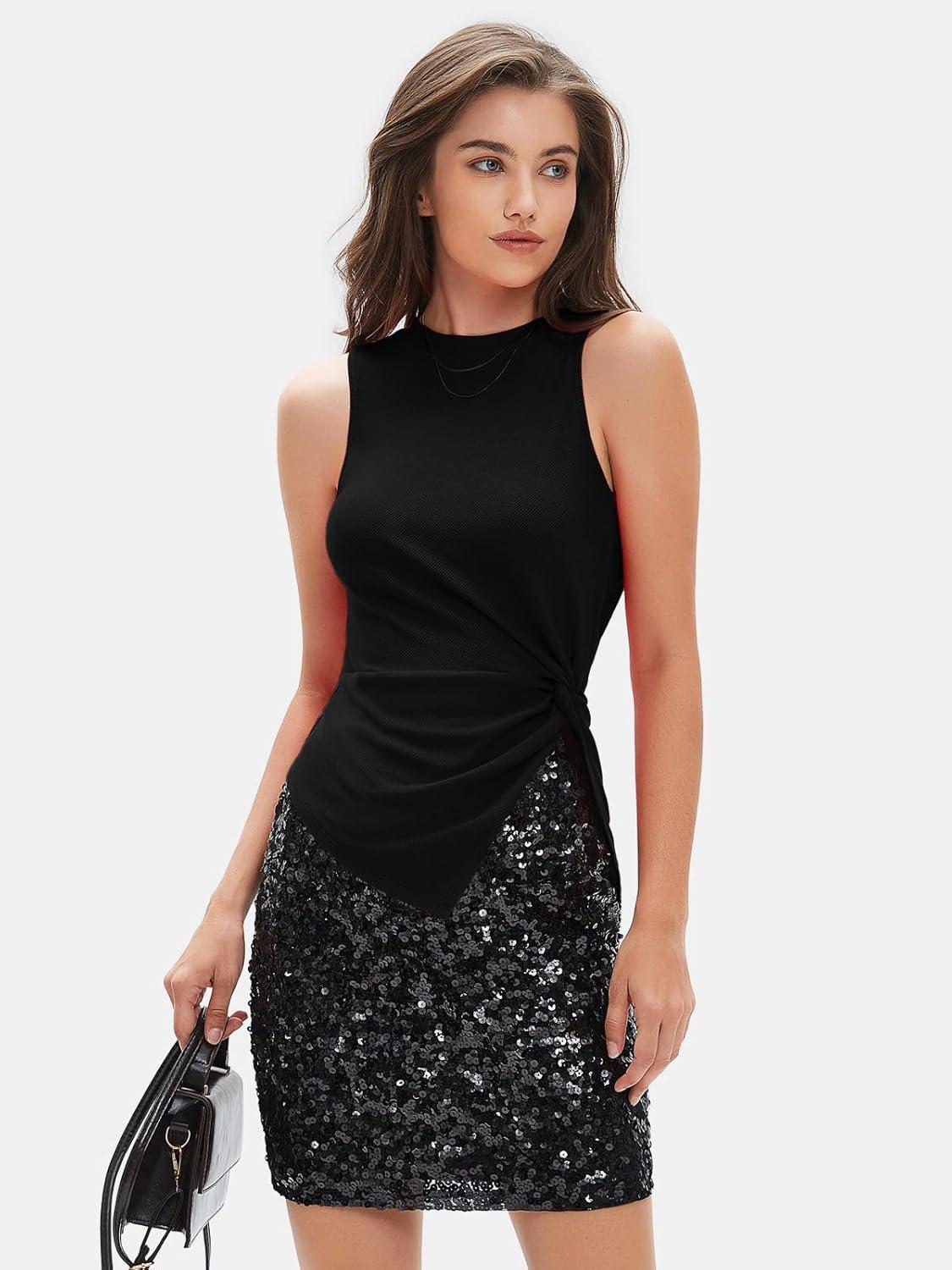 imageEXLURA Womens Summer Sleeveless High Neck Tank Tops Sexy Twist Knot Asymmetrical Hem Shirts Going Out Top 2025Black