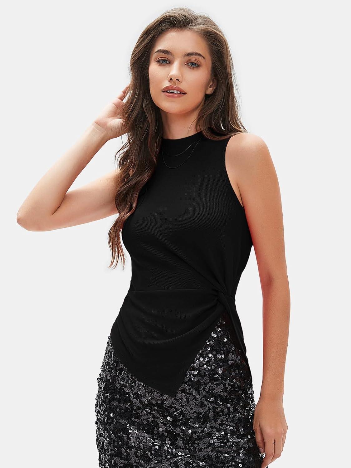 imageEXLURA Womens Summer Sleeveless High Neck Tank Tops Sexy Twist Knot Asymmetrical Hem Shirts Going Out Top 2025Black