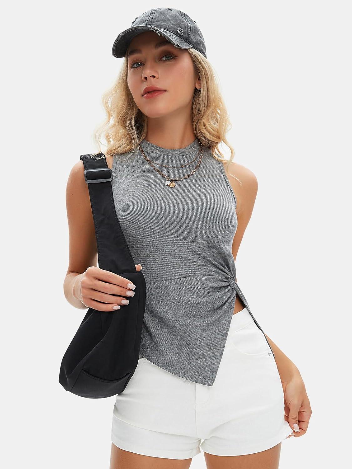 imageEXLURA Womens Summer Sleeveless High Neck Tank Tops Sexy Twist Knot Asymmetrical Hem Shirts Going Out Top 2025Grey