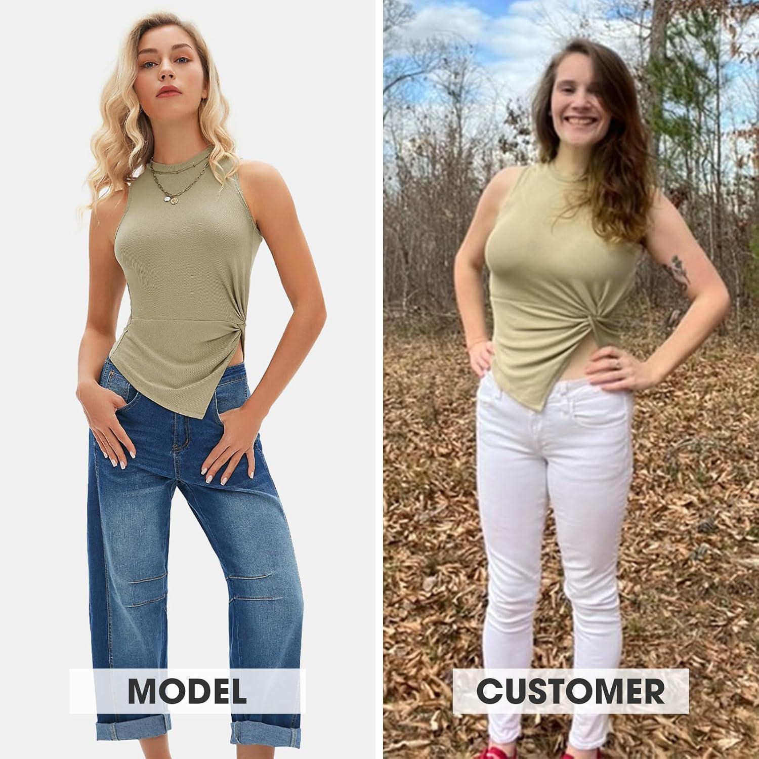 imageEXLURA Womens Summer Sleeveless High Neck Tank Tops Sexy Twist Knot Asymmetrical Hem Shirts Going Out Top 2025Sage Green