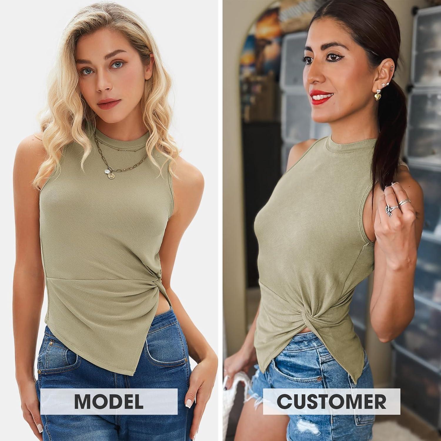 imageEXLURA Womens Summer Sleeveless High Neck Tank Tops Sexy Twist Knot Asymmetrical Hem Shirts Going Out Top 2025Sage Green