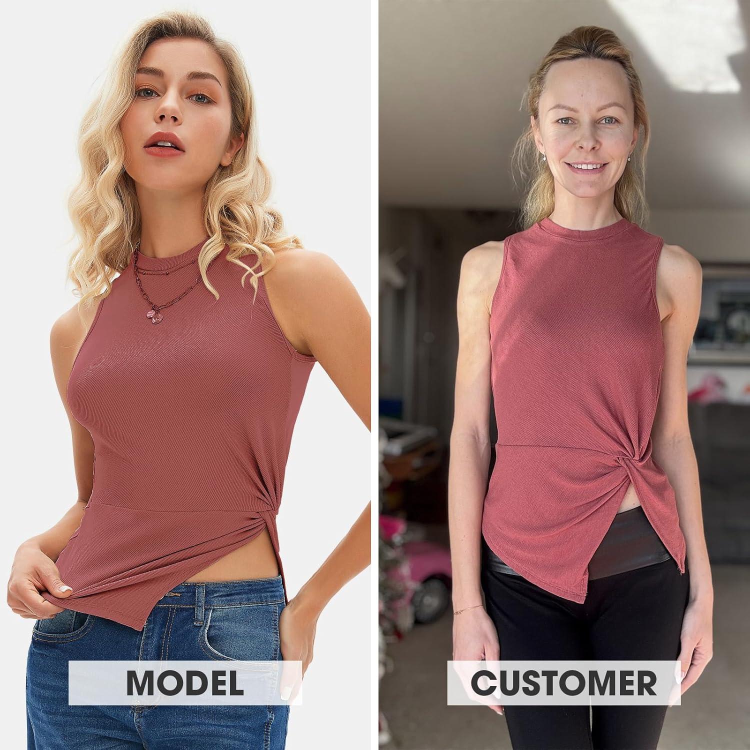 imageEXLURA Womens Summer Sleeveless High Neck Tank Tops Sexy Twist Knot Asymmetrical Hem Shirts Going Out Top 2025Wine Red