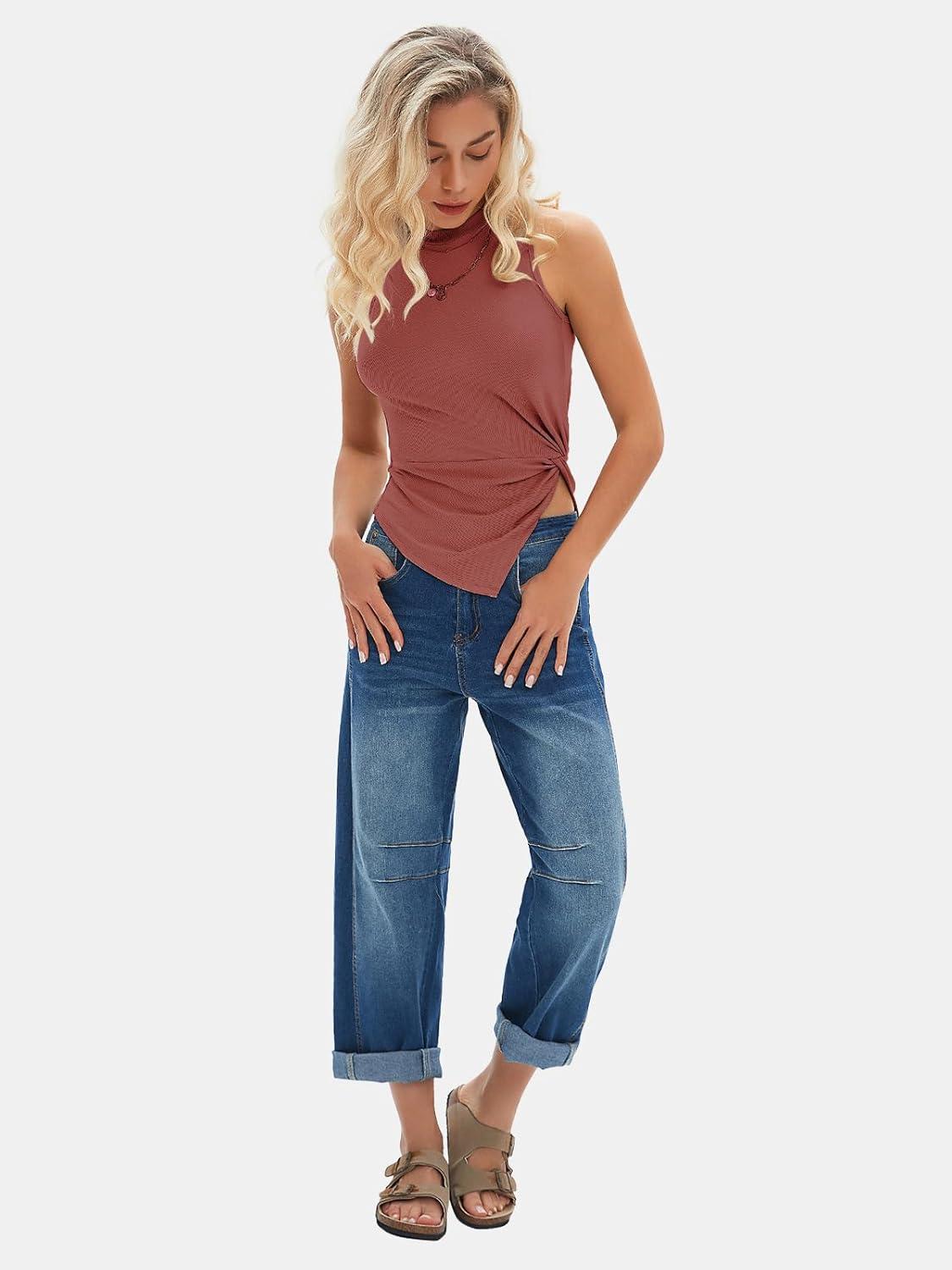 imageEXLURA Womens Summer Sleeveless High Neck Tank Tops Sexy Twist Knot Asymmetrical Hem Shirts Going Out Top 2025Wine Red