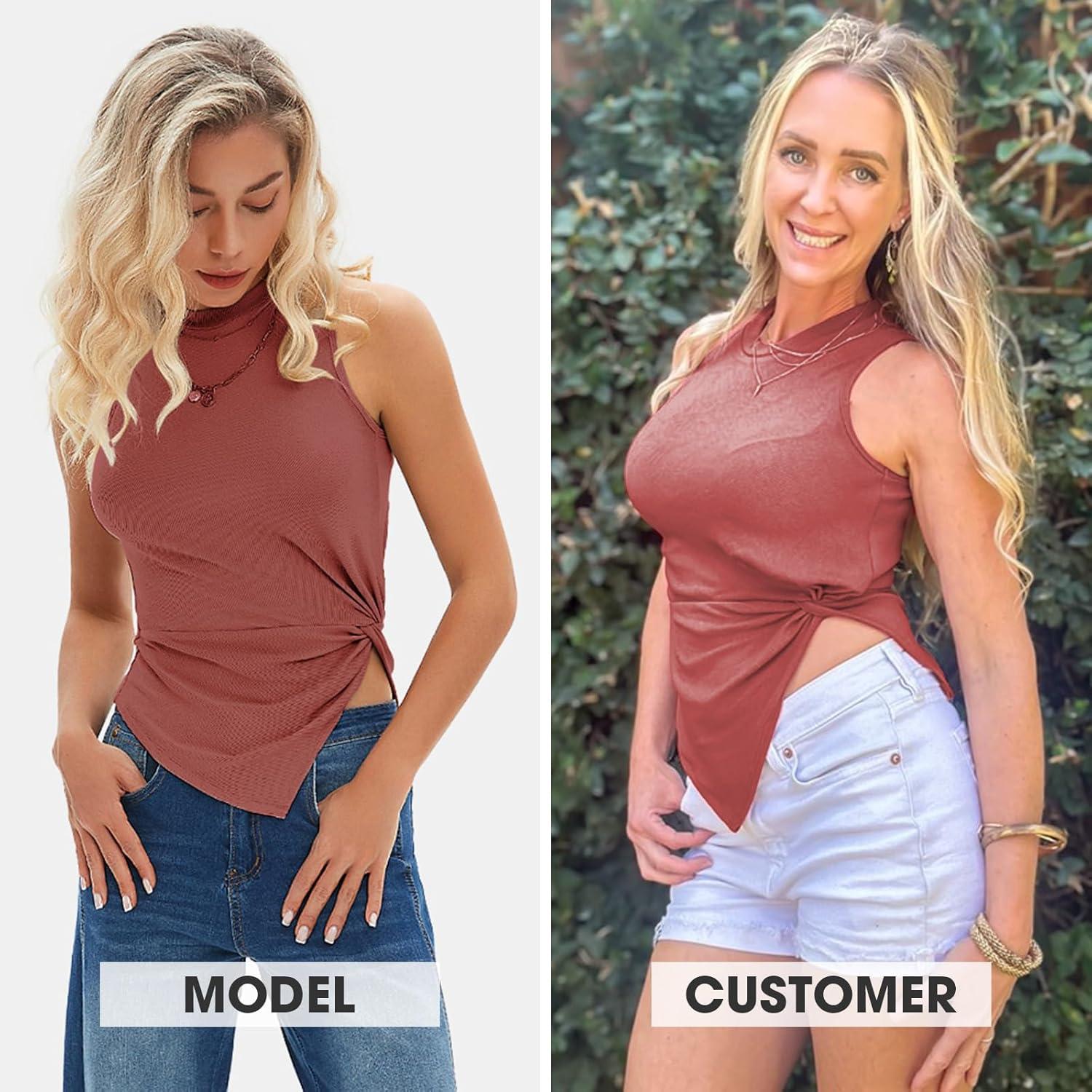 imageEXLURA Womens Summer Sleeveless High Neck Tank Tops Sexy Twist Knot Asymmetrical Hem Shirts Going Out Top 2025Wine Red