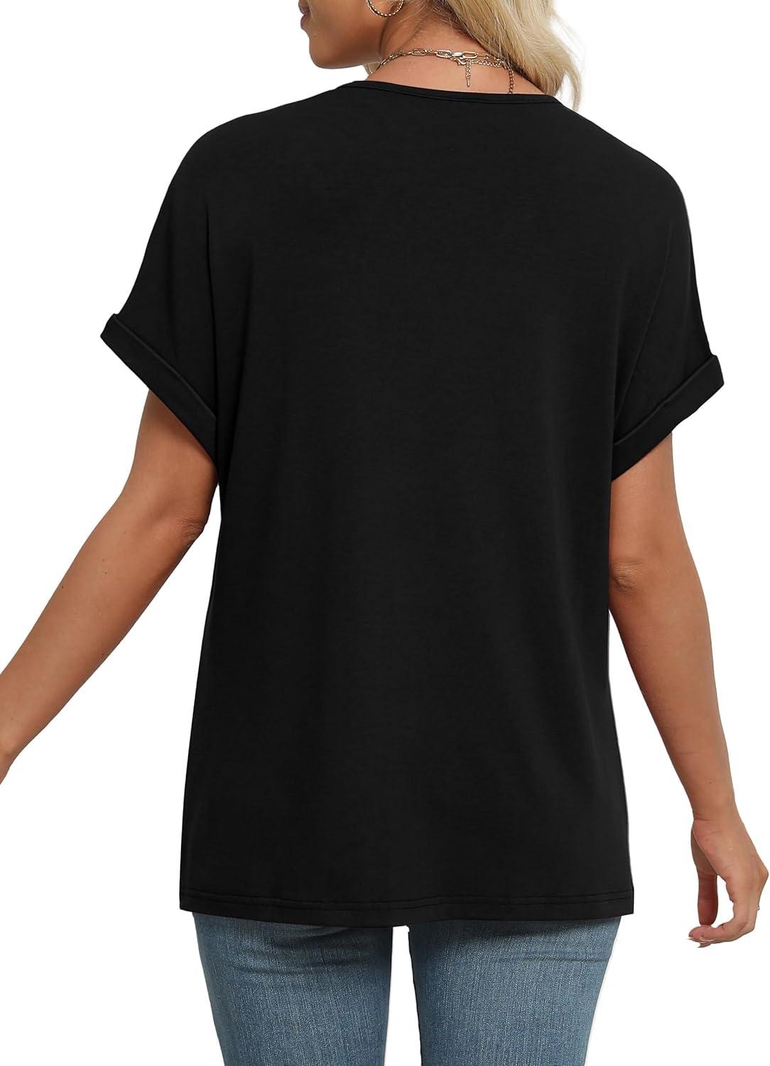 imageEXLURA Womens Summer Tops V Neck Outfits Clothes Short Dolman Sleeve Blouses 2025 Fashion ShirtsBlack