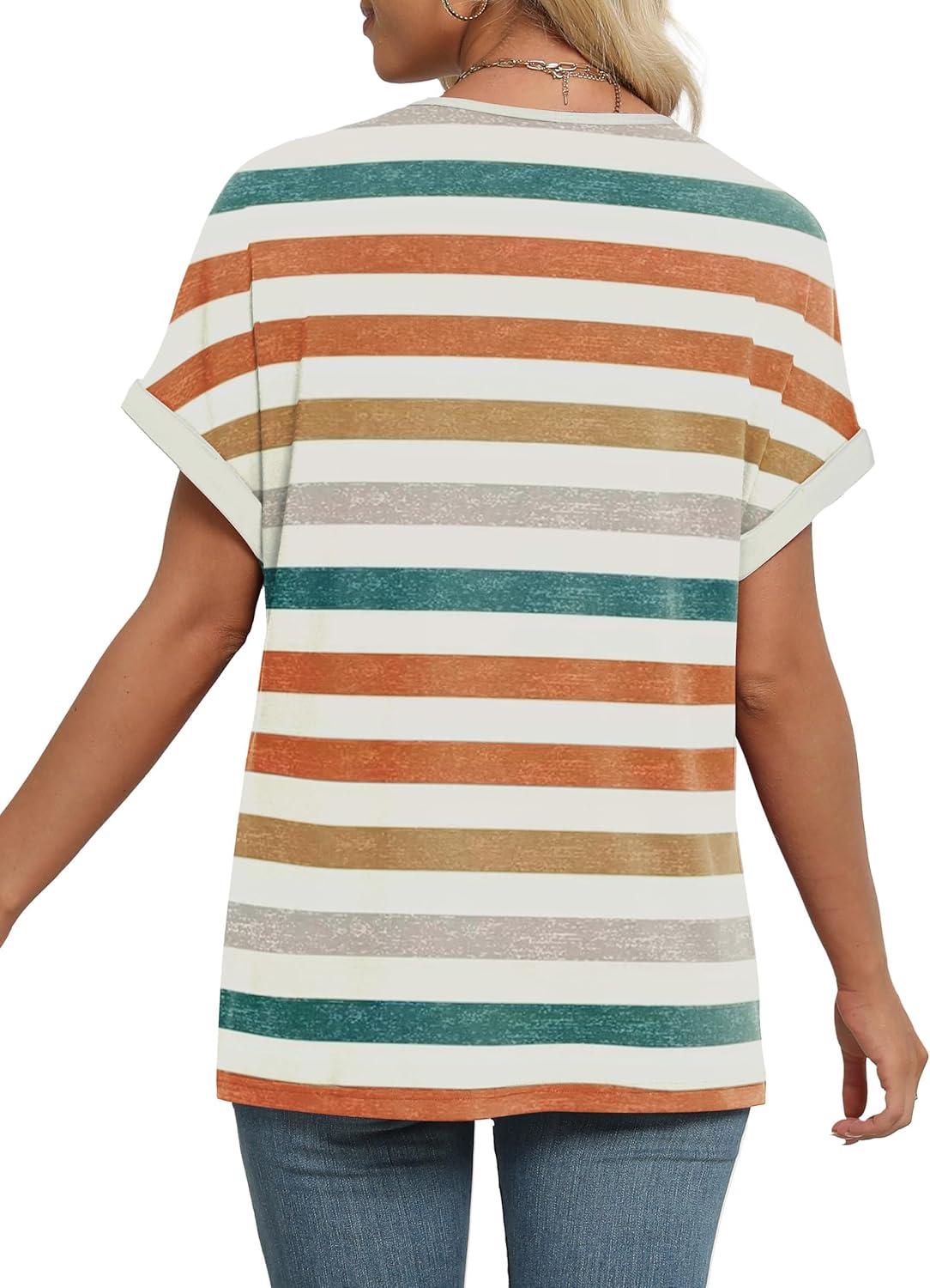 imageEXLURA Womens Summer Tops V Neck Outfits Clothes Short Dolman Sleeve Blouses 2025 Fashion ShirtsOrange Striped