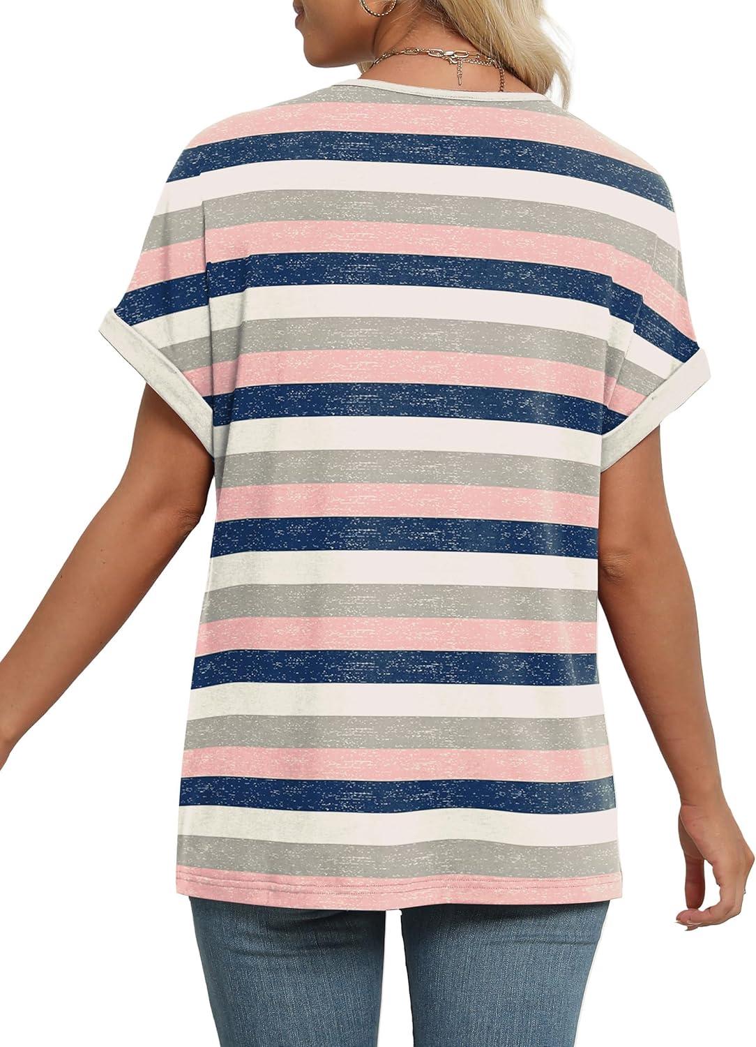 imageEXLURA Womens Summer Tops V Neck Outfits Clothes Short Dolman Sleeve Blouses 2025 Fashion ShirtsPink Striped