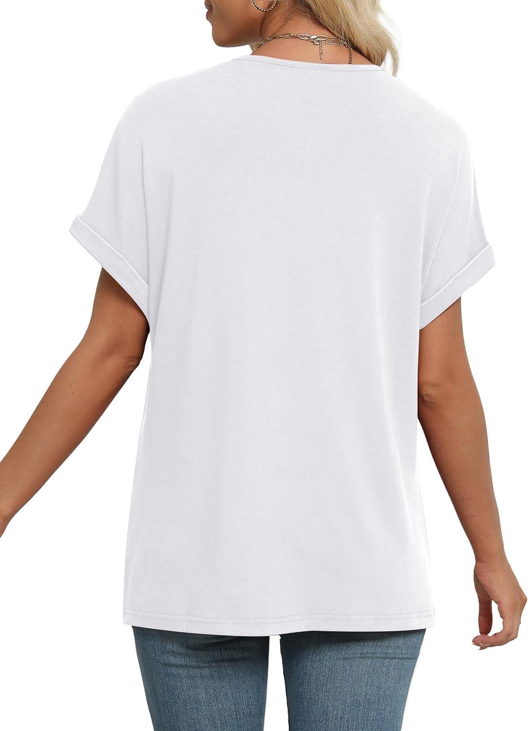 imageEXLURA Womens Summer Tops V Neck Outfits Clothes Short Dolman Sleeve Blouses 2025 Fashion ShirtsWhite