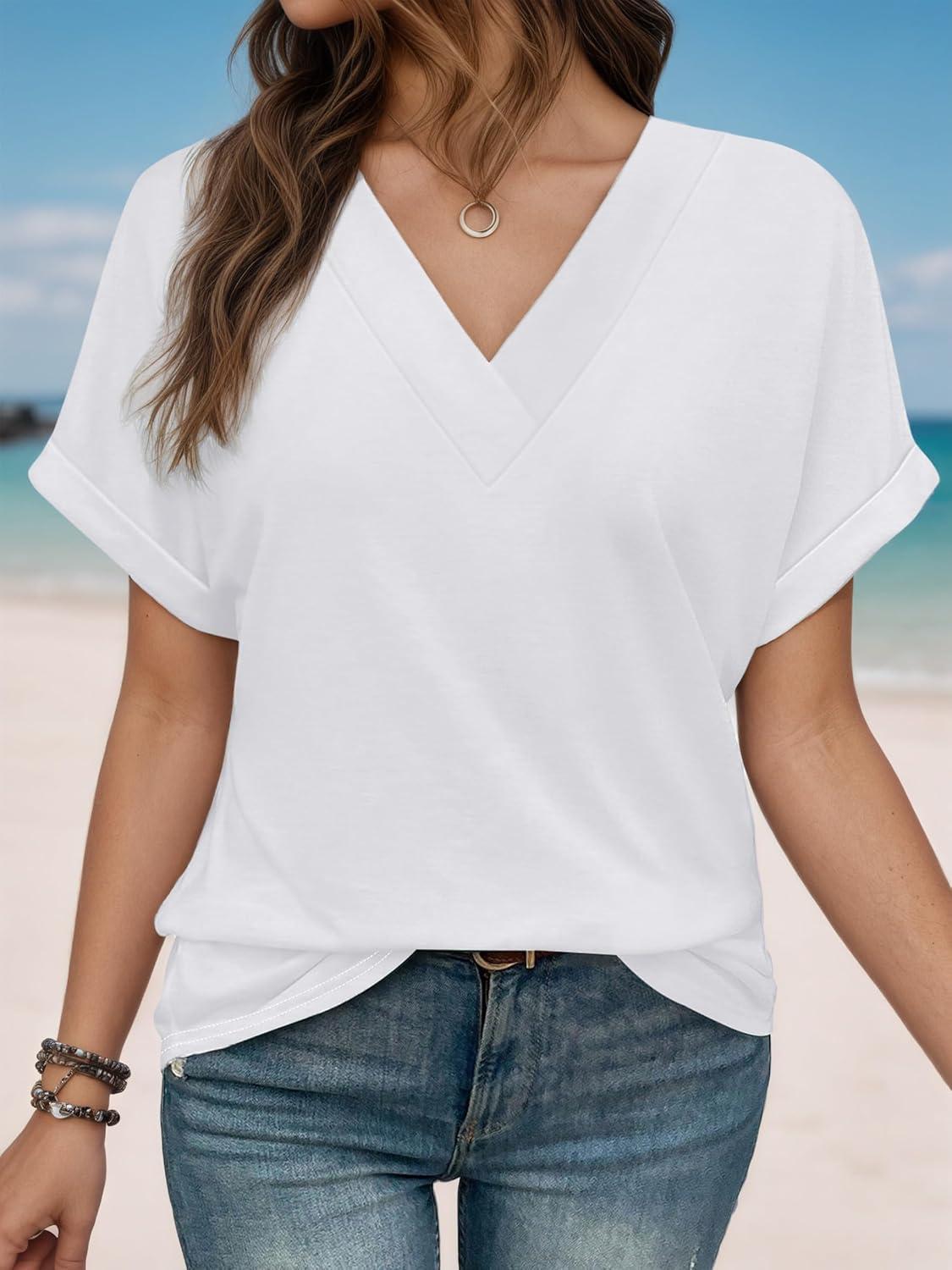 imageEXLURA Womens Summer Tops V Neck Outfits Clothes Short Dolman Sleeve Blouses 2025 Fashion ShirtsWhite