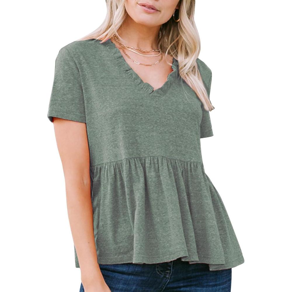 imageEXLURA Womens Summer Crop Babydoll Peplum Tops Cute V Neck Short Sleeve Business Casual Trendy T Shirts Beach Vacation 2025Army Green