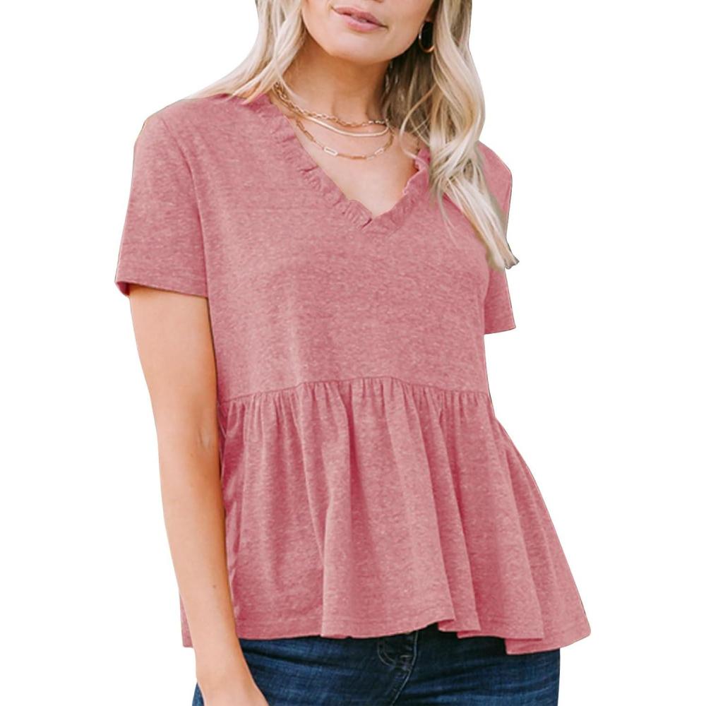 imageEXLURA Womens Summer Crop Babydoll Peplum Tops Cute V Neck Short Sleeve Business Casual Trendy T Shirts Beach Vacation 2025Pink