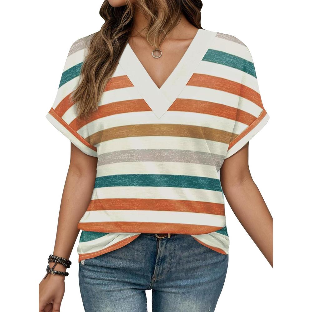 imageEXLURA Womens Summer Tops V Neck Outfits Clothes Short Dolman Sleeve Blouses 2025 Fashion ShirtsOrange Striped