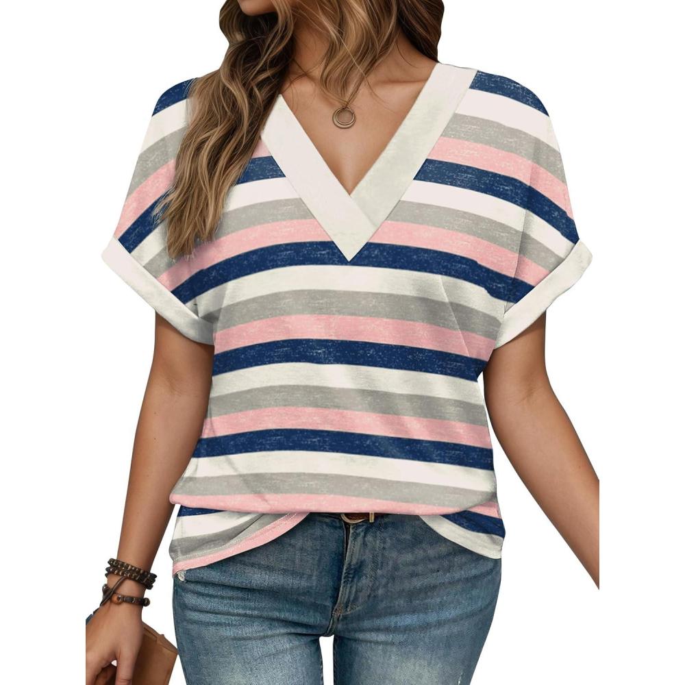 imageEXLURA Womens Summer Tops V Neck Outfits Clothes Short Dolman Sleeve Blouses 2025 Fashion ShirtsPink Striped