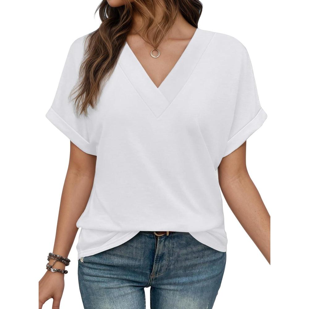 imageEXLURA Womens Summer Tops V Neck Outfits Clothes Short Dolman Sleeve Blouses 2025 Fashion ShirtsWhite