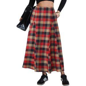 imageEXLURA Womens Flannel Plaid Long Skirts High Waist A Line Flared Pleated Maxi Skirt Dress Casual Vintage Office with PocketsBrown Red Plaid