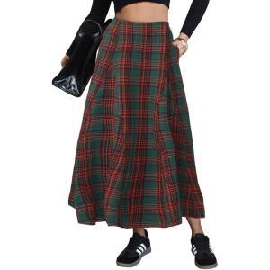 imageEXLURA Womens Flannel Plaid Long Skirts High Waist A Line Flared Pleated Maxi Skirt Dress Casual Vintage Office with PocketsGreen Red Plaid