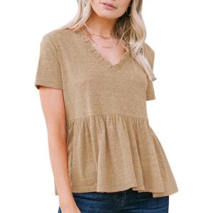imageEXLURA Womens Summer Crop Babydoll Peplum Tops Cute V Neck Short Sleeve Business Casual Trendy T Shirts Beach Vacation 2025Apricot